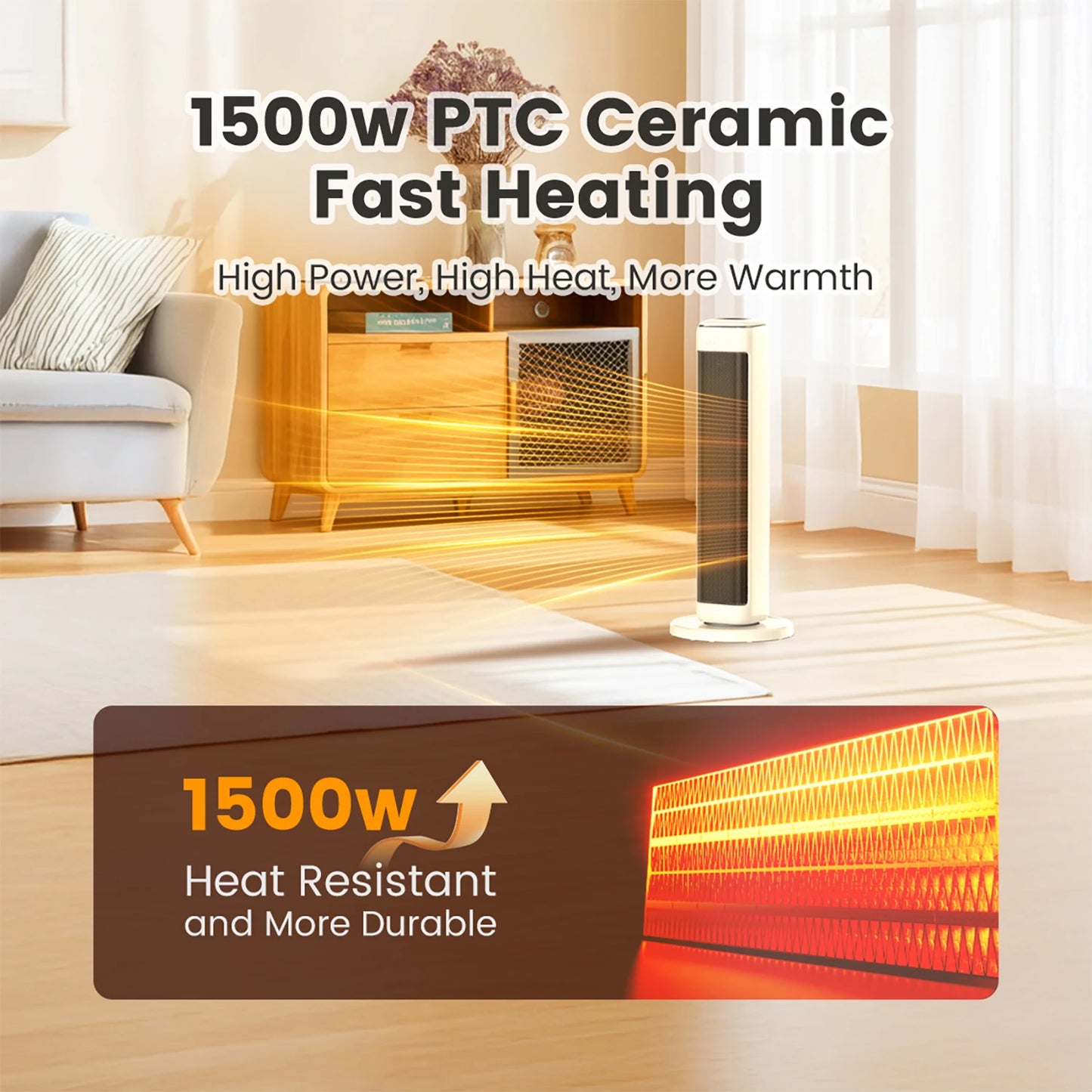 AIRMATE 25" Space Heater for Indoor Use Large Room, Ceramic Tower Electric Heater with Thermostat