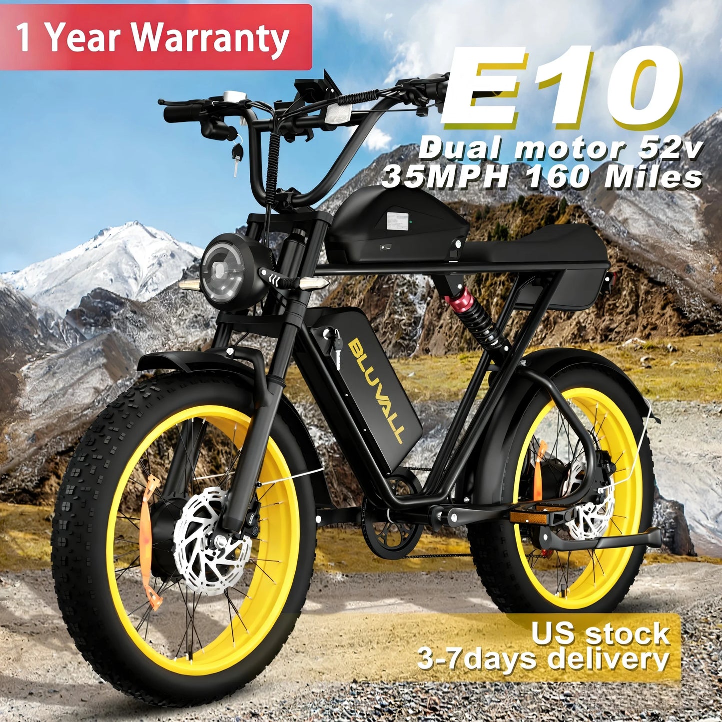 Dual-Motor Electric Bicycle for Adults 52V 46AH 20-Inch Fat Tire 3000W Peak 38MPH 160Miles 7-Speed Commuter Road Electric Bike