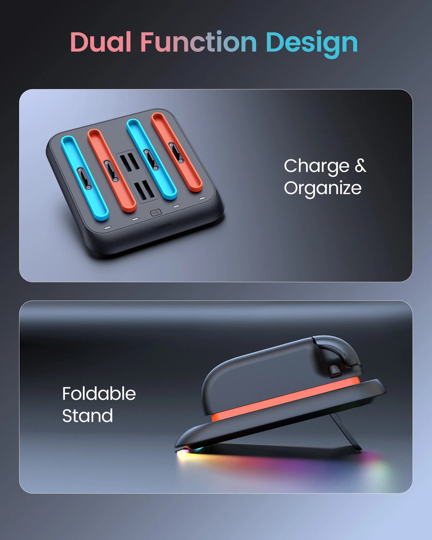 Dual-sided Charging Dock for Nintendo Switch2 with Foldable Stand Fast Charging Game Card Storage Design 9 RGB joycon Controller