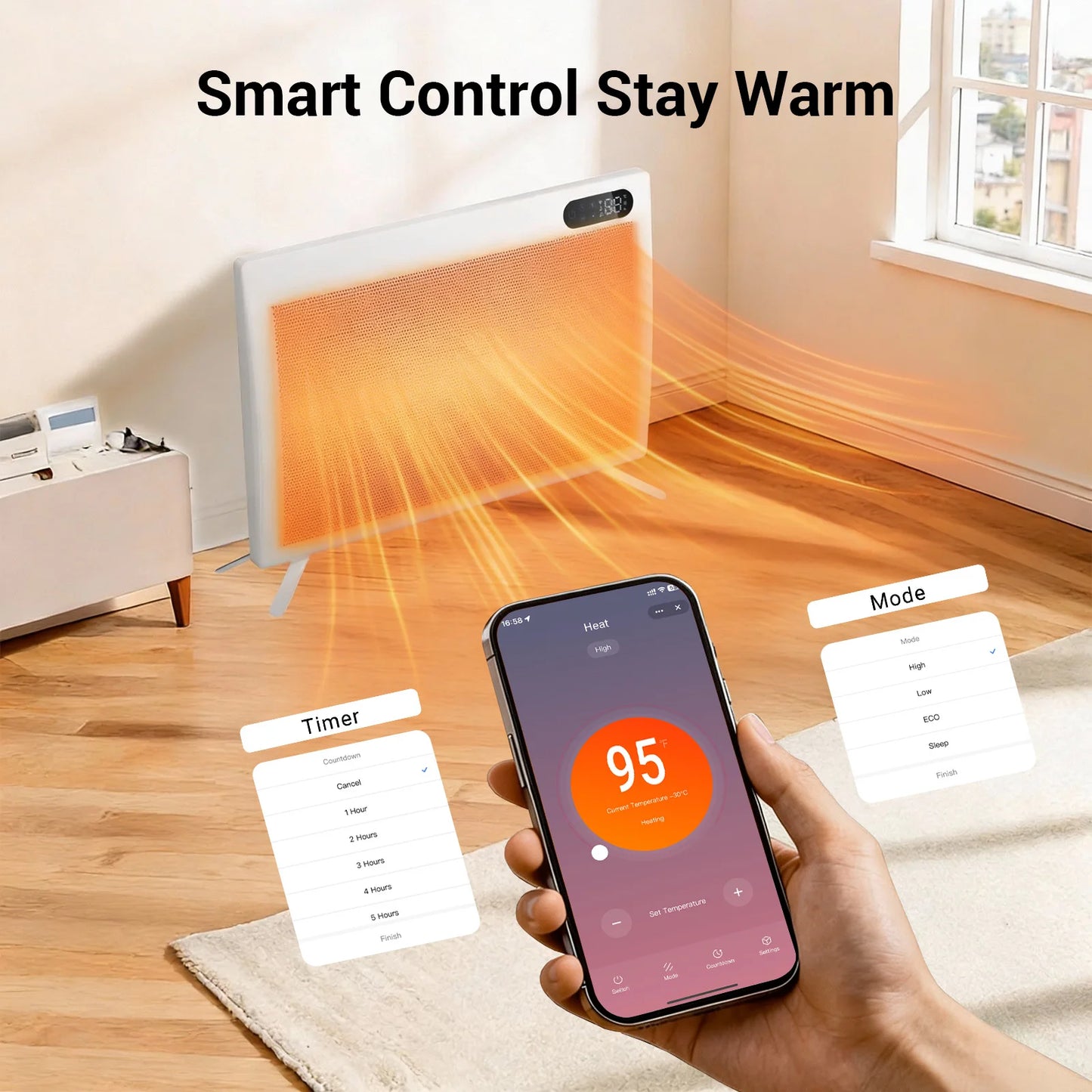 1500W Convection Panel Heater Under Desk Freestanding Wall Mountable Quiet Infrared Space Heater Energy Efficient Smart WiFi App