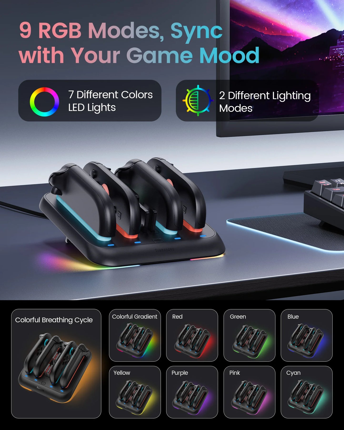 Dual-sided Charging Dock for Nintendo Switch2 with Foldable Stand Fast Charging Game Card Storage Design 9 RGB joycon Controller