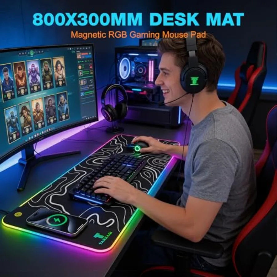 Magnetic Wireless Charging RGB Mouse Pad, Large Gaming Desk Mat Waterproof, 31.5"x11.8" Mousepad, Ultra-Smooth Surface, Non-Sli