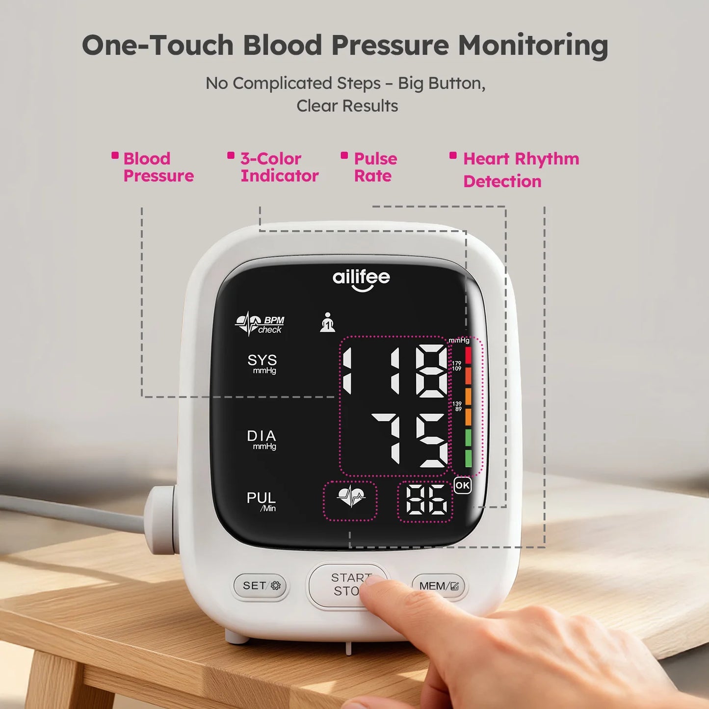 AILIFEE Upper Arm Blood Pressure Monitors for Home Use with Clear LED Backlit Display, Adjustable Bp Cuff, Dual-User Mode & Voice Announcement, AES-U312