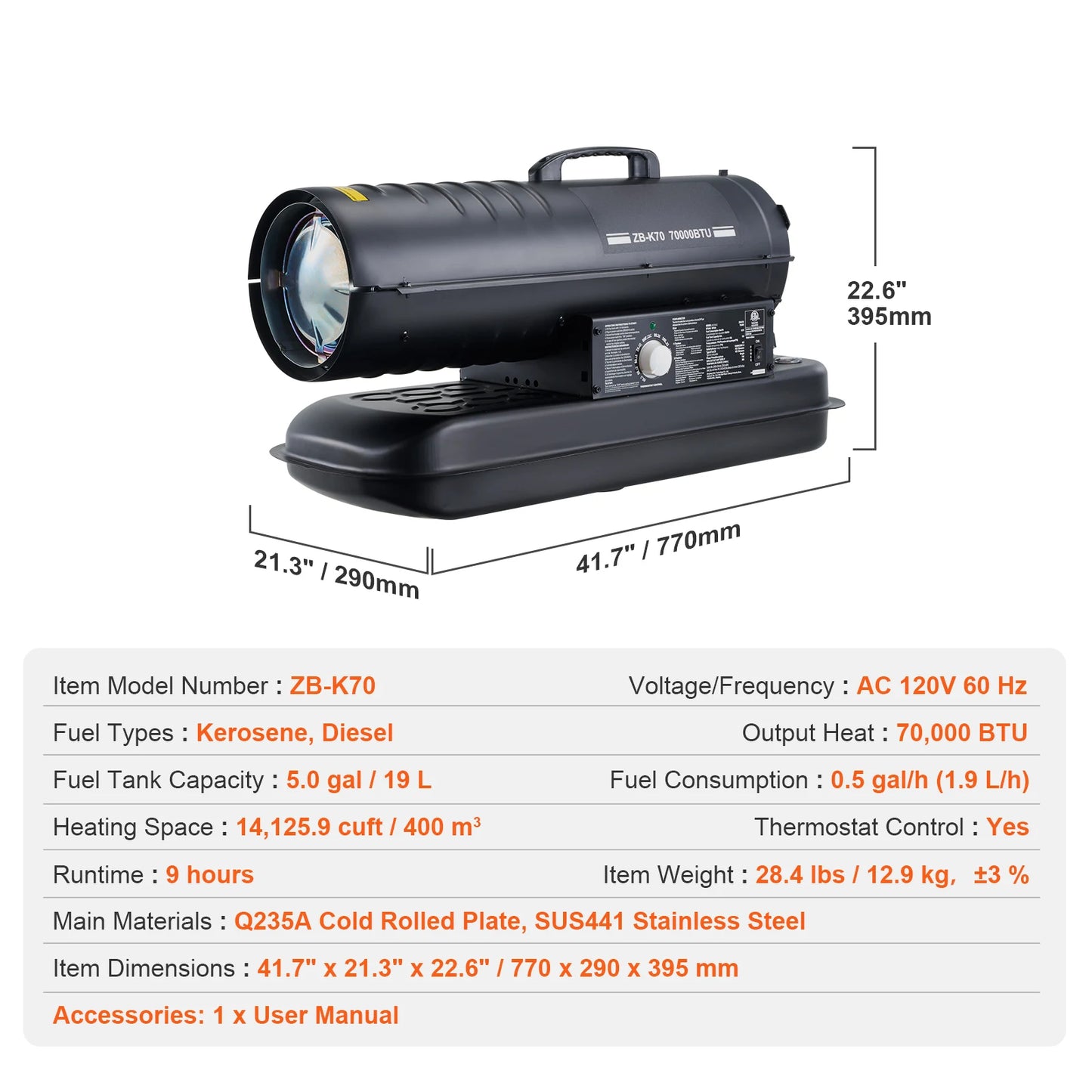 SucceBuy Kerosene Forced Air Heater Portable Torpedo Diesel Space Heater with Thermostat Tank Energy-Efficient heavy-duty Heater