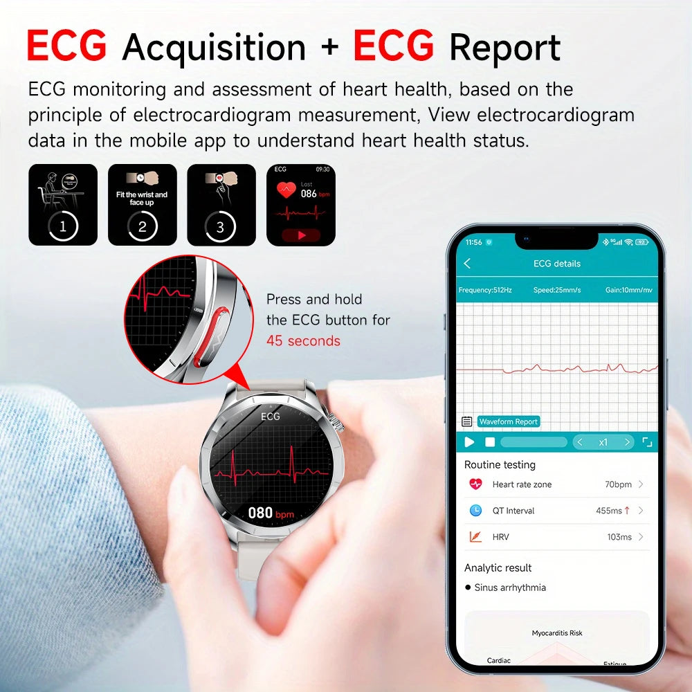 Marsyu For iOS Android Health Measurement SmartWatch Blood Oxygen Uric Acid ECG+PPG Body Blood Pressure HD Bluetooth Call Watch