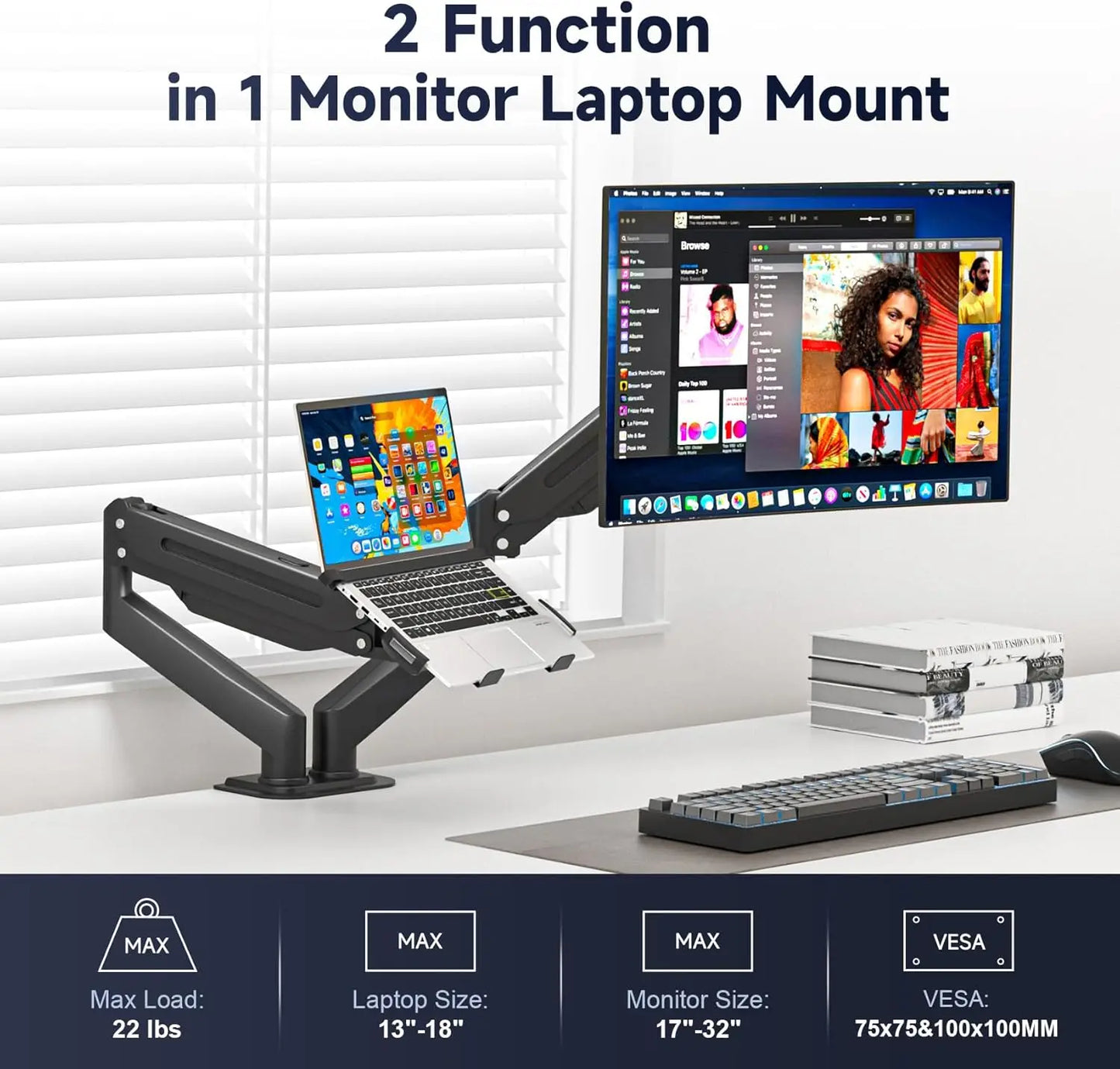 2-in-1 Dual Monitor & Laptop Desk Mount, Fits 13-18in Laptop & 17-32in Monitor, Holds 22lbs, Adjustable Arm with Ventilated Tray