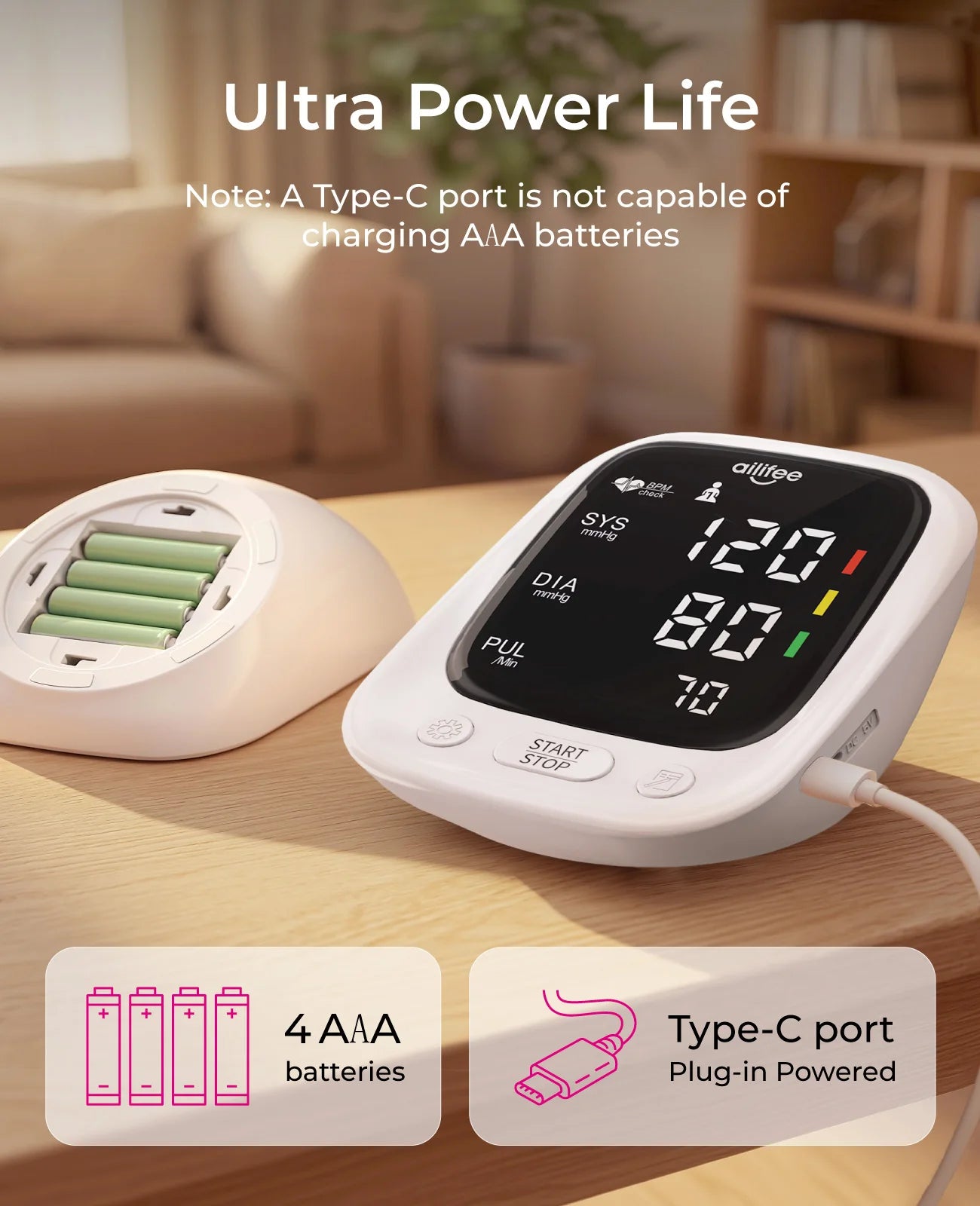 AILIFEE Upper Arm Blood Pressure Monitors for Home Use with Clear LED Backlit Display, Adjustable BP Cuff, Dual-User Mode & Voice Announcement, AES-U181