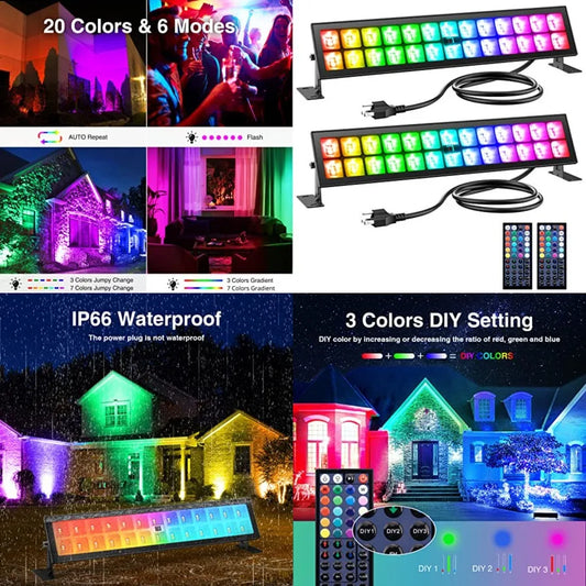 Stage Lights 2 Pack 48W LED Wall Washer Light, IP66 Waterproof Outdoor RGB Light Bar with Timing, Wash Lights with DIY Colors 4