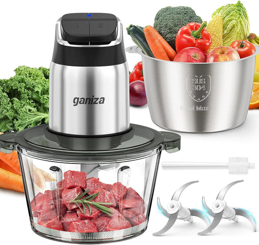 2-Speed Food Chopper, 8 Cup Stainless Steel & Glass Bowls, Overheat Protection, 2 Blades