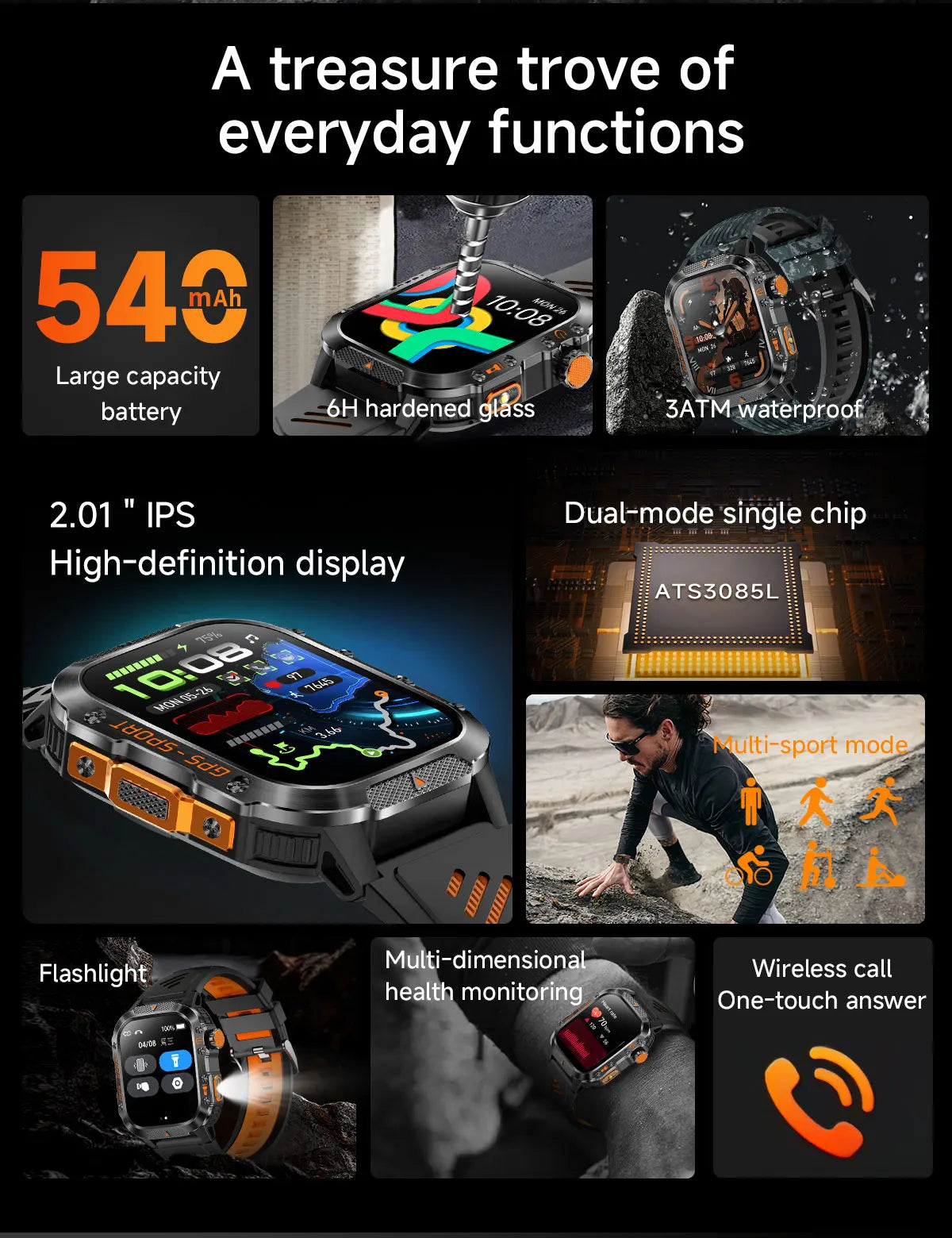 Military GPS Smartwatch With Compass 3ATM Waterproof For Men Women