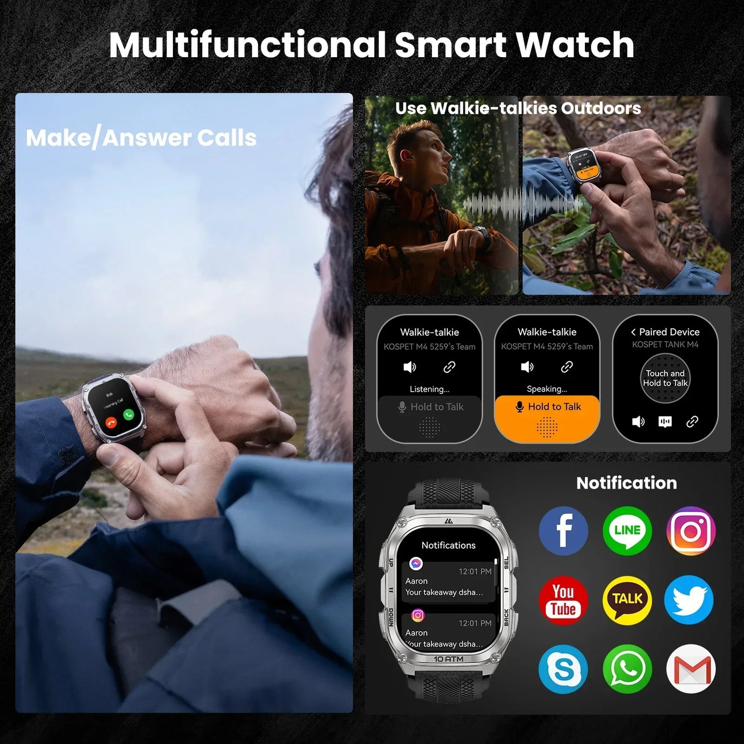 KOSPET Tank M4 Smart Watch Stainless Steel 6-Sat GPS Offline Maps 10ATM Waterproof 45M Dive 24/7 Health Monitor for Android iOS