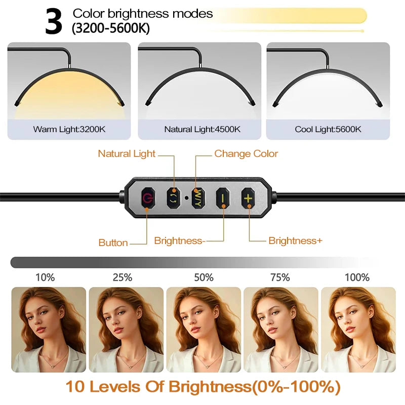 LED Half Moon Beauty Lamp U-Shaped Floor Mounted Fill Light For Beauty Nail Art Eyebrow Eyelash Tattoo Ring Light Fixture