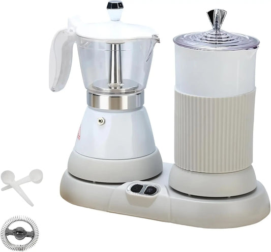2-in-1 Espresso Maker & Milk Frother, Electric Moka Pot, One-Touch Operation, Fine Dense Froth, 110V