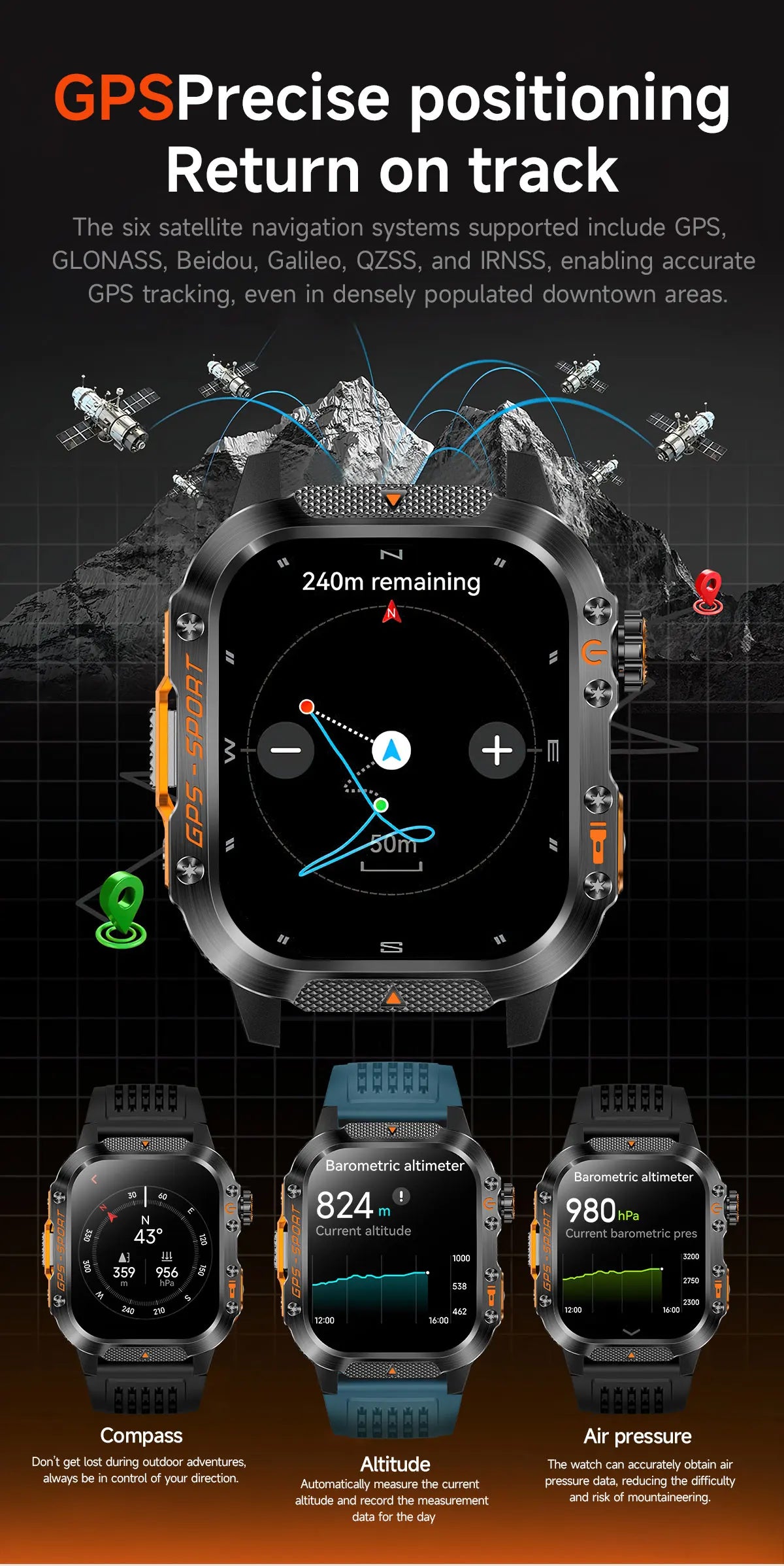 Military GPS Smartwatch With Compass 3ATM Waterproof For Men Women