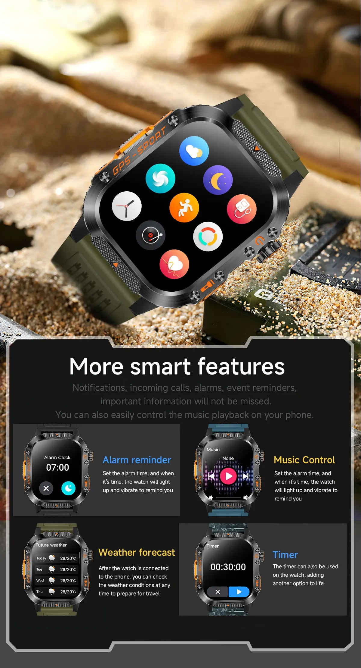 Military GPS Smartwatch With Compass 3ATM Waterproof For Men Women
