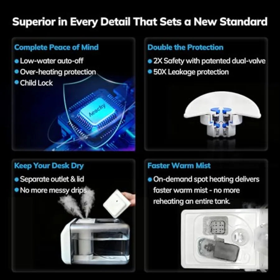 Large room humidifier: 600ml/h warm cool mist, 6L top-fill, 821ft coverage, essential oil diffuser, humidity sensor, timer, sle
