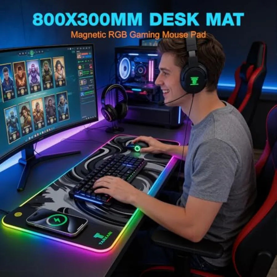 Magnetic Wireless Charging RGB Mouse Pad, Large Gaming Desk Mat Waterproof, 31.5"x11.8" Mousepad, Ultra-Smooth Surface, Non-Sli