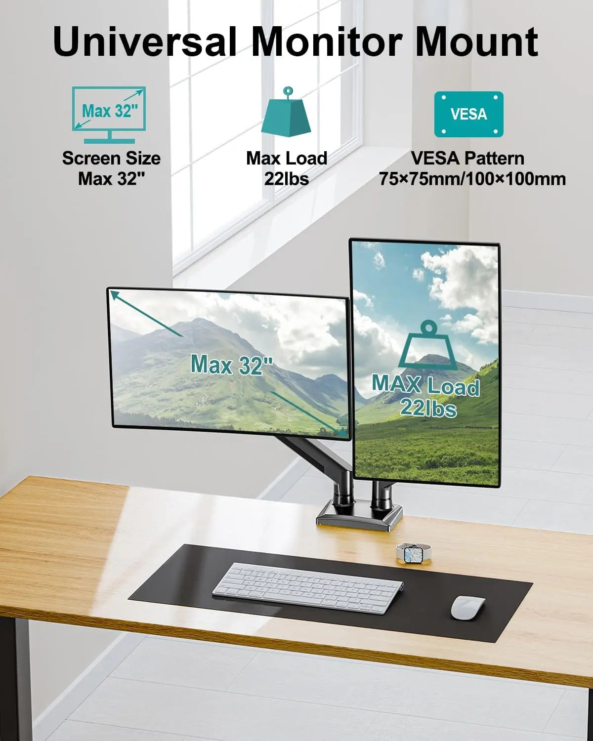 Dual Monitor Arm Desk Mount for 13-32" Screens, Holds 4.4-22lbs, VESA 75/100, Adjustable Double Stand with Clamp/Grommet Base, Black