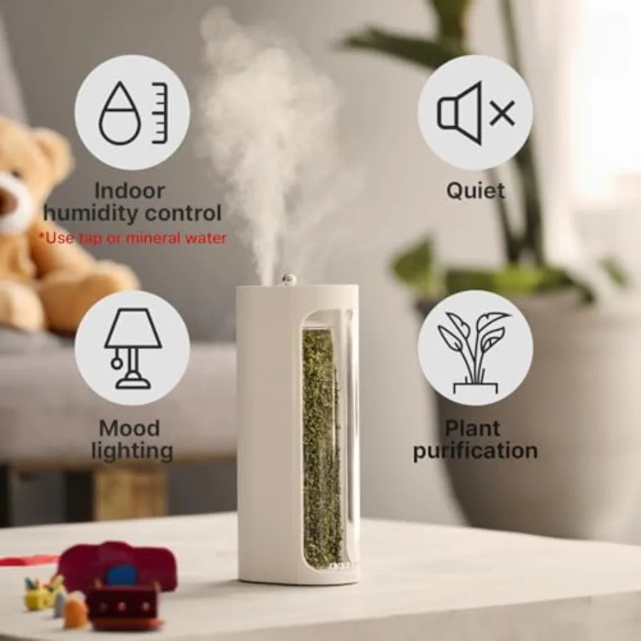 Moss Air Living Moss Terrarium Humidifier for Desk Use Natural Moss, Green Soothing Mist Fountain Ambient Light, Portable Whisp