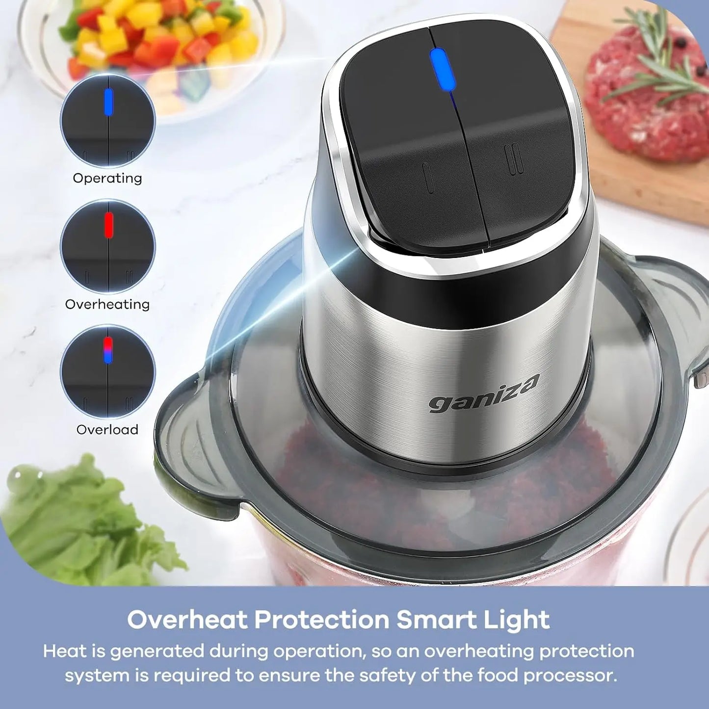 2-Speed Food Chopper, 8 Cup Stainless Steel & Glass Bowls, Overheat Protection, 2 Blades