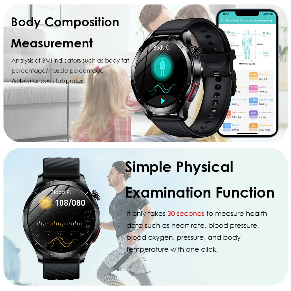Marsyu For iOS Android Health Measurement SmartWatch Blood Oxygen Uric Acid ECG+PPG Body Blood Pressure HD Bluetooth Call Watch