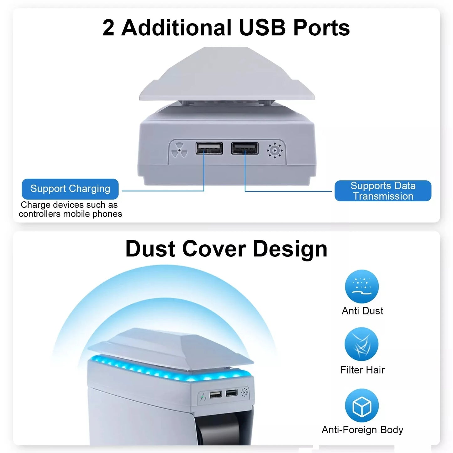 Adjustable Top Cooling Fan for PS5 Slim Disc/Digital Dustproof w/8 Modes LED Light Console Cooling Fan with 2 USB Port Game Part