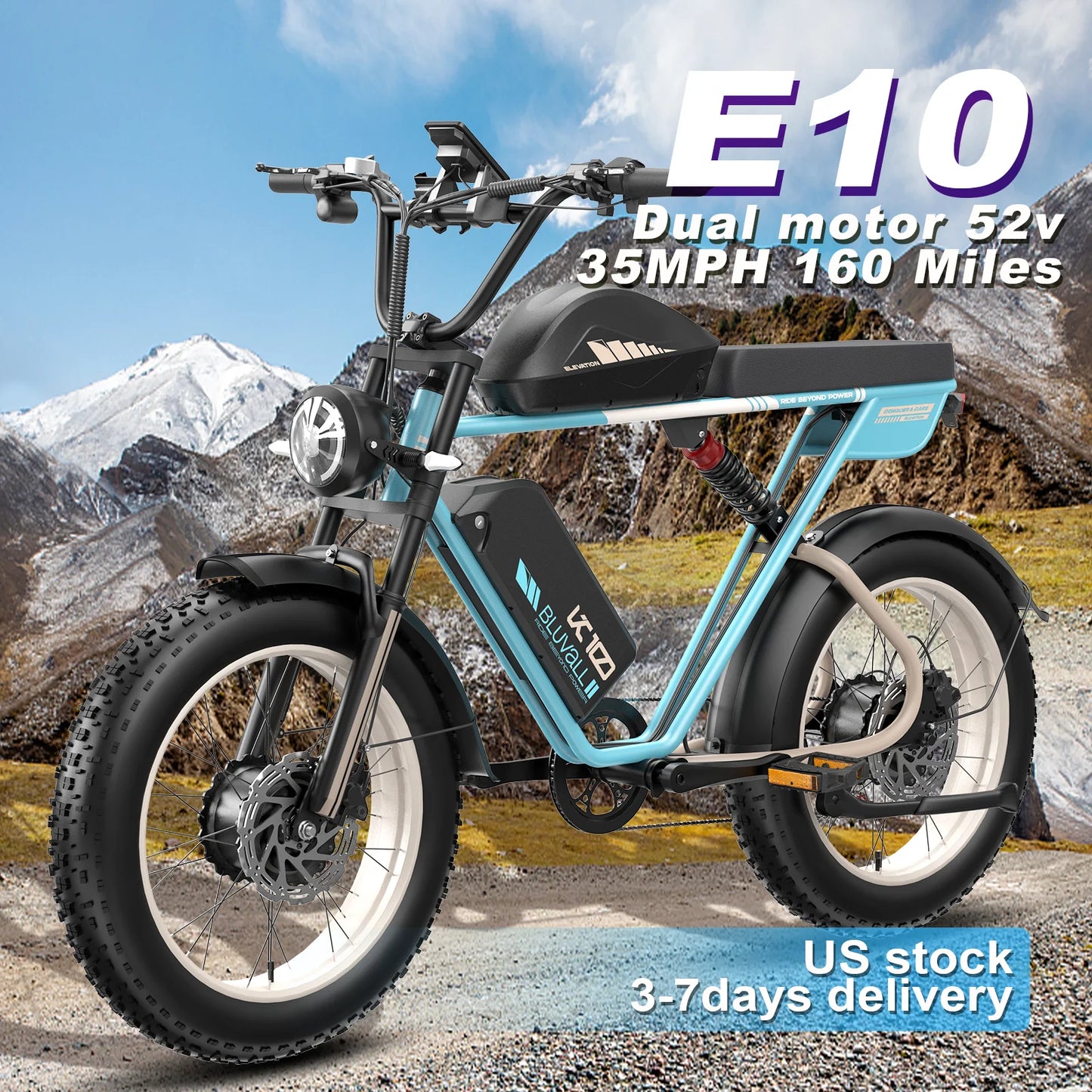 Dual-Motor Electric Bicycle for Adults 52V 46AH 20-Inch Fat Tire 3000W Peak 38MPH 160Miles 7-Speed Commuter Road Electric Bike