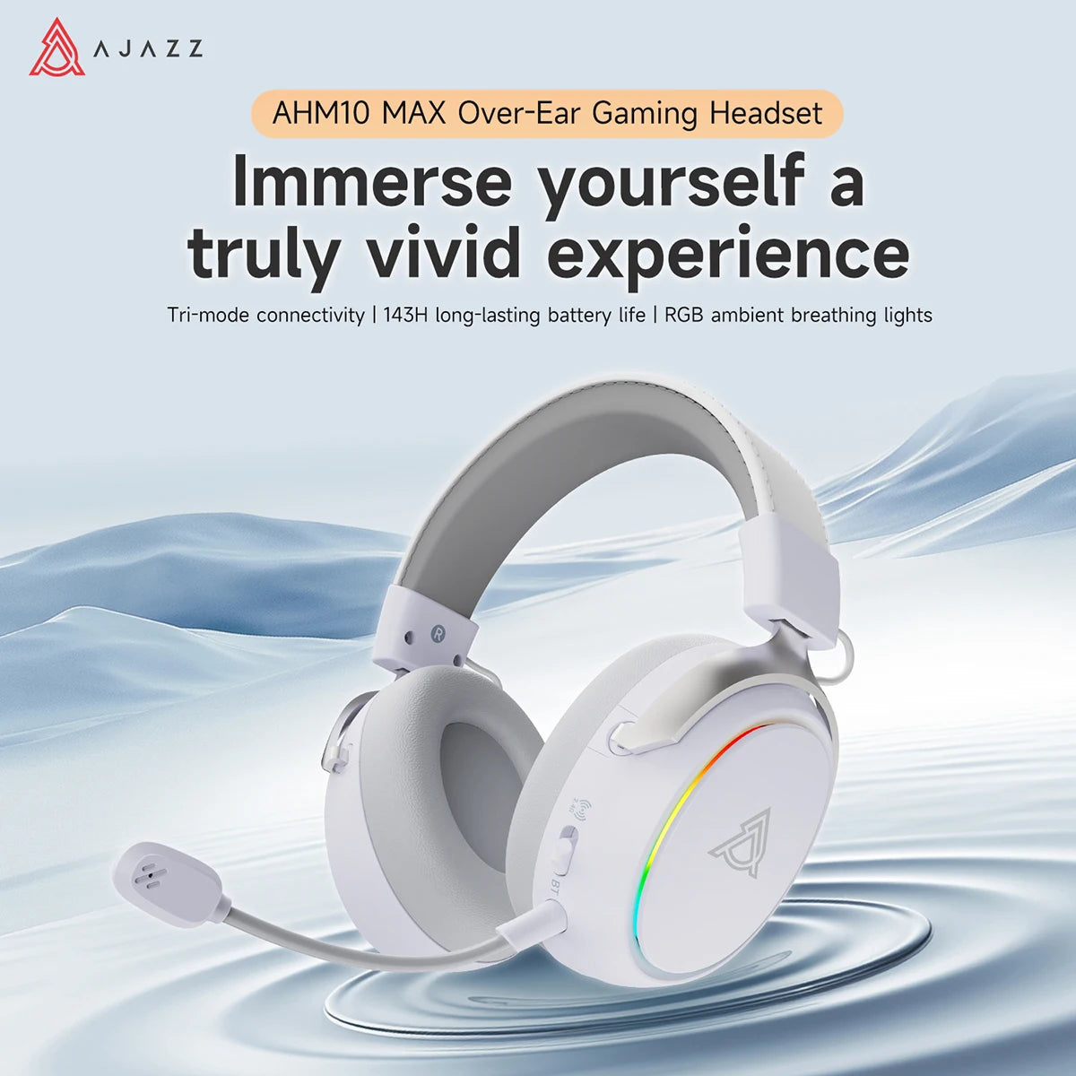 AJAZZ AHM10 MAX 2000mAh battery Wireless Bluetooth Gaming Headset Features a microphone, multiple RGB dynamic lighting effects, AI noise cancellation, virtual 7.1 surround sound, and driver support.
