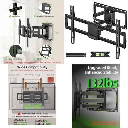 Full Motion TV Wall Mount for Most 42-90 inch Flat Screen/LED/4K, TV Mount Bracket Dual Swivel Articulating Tilt 6 Arms, Max 16" Wood Studs, VESA 600x400mm, Holds up to 132lbs