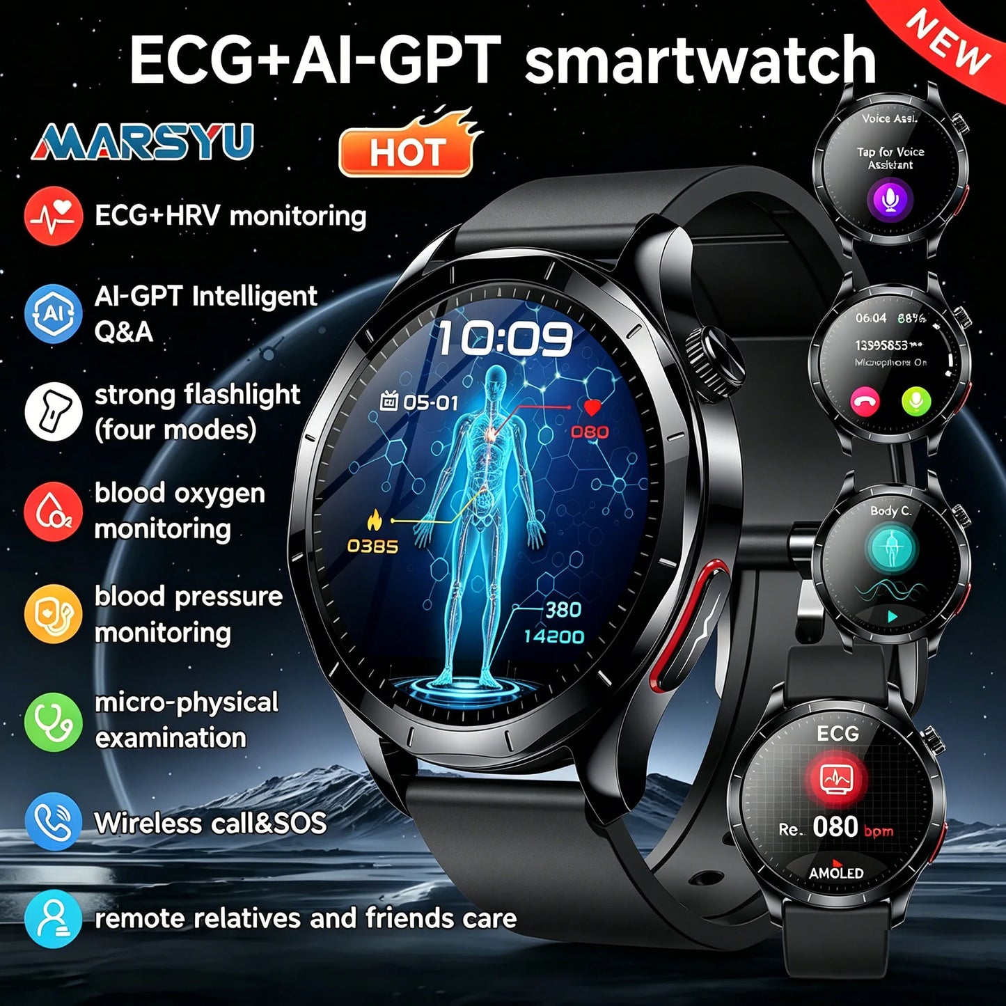 Marsyu For iOS Android Health Measurement SmartWatch Blood Oxygen Uric Acid ECG+PPG Body Blood Pressure HD Bluetooth Call Watch
