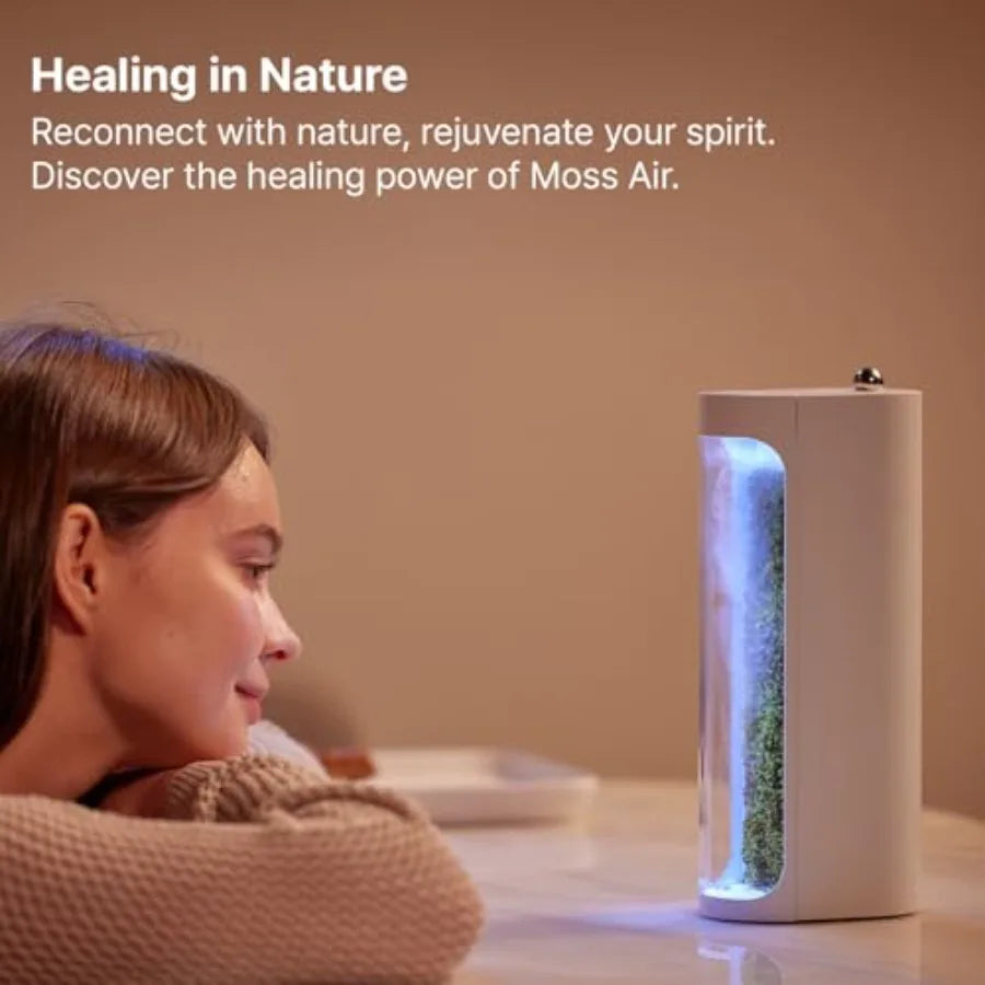 Moss Air Living Moss Terrarium Humidifier for Desk Use Natural Moss, Green Soothing Mist Fountain Ambient Light, Portable Whisp