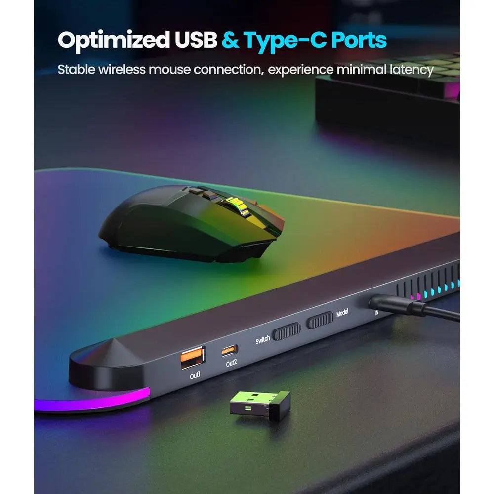 RGB Backlit Gaming Mouse Pad with 6 Modes, USB & Type-C Ports, Detachable Cable, 13.4x12.2'', Ideal Desk Mat