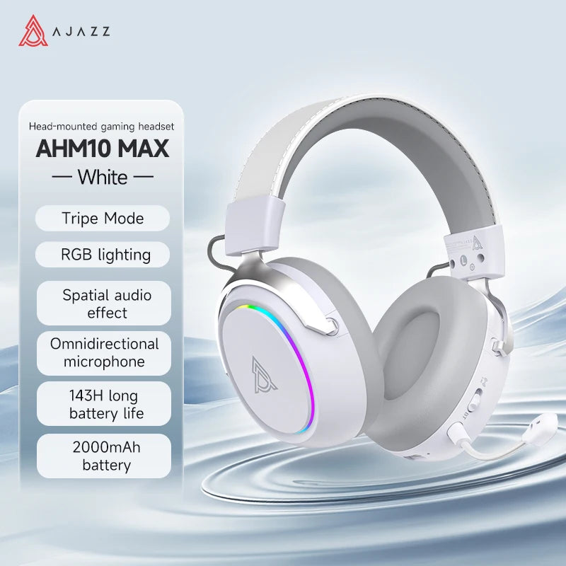 AJAZZ AHM10 MAX 2000mAh battery Wireless Bluetooth Gaming Headset Features a microphone, multiple RGB dynamic lighting effects, AI noise cancellation, virtual 7.1 surround sound, and driver support.