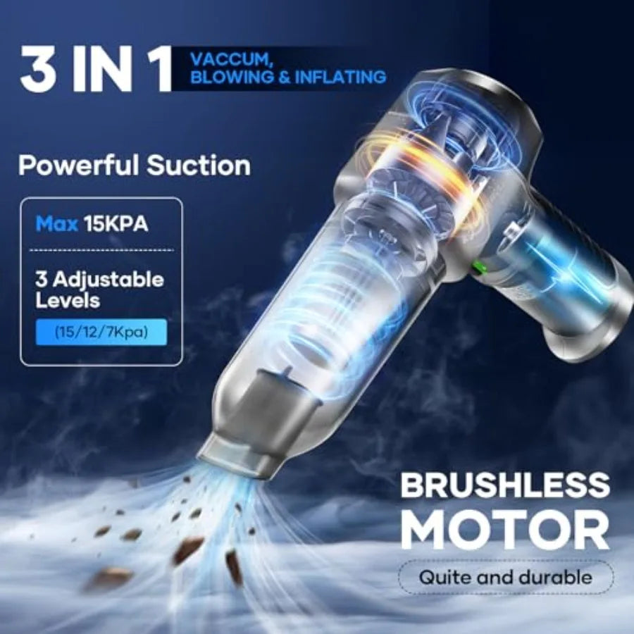 3 in 1 portable cordless mini vacuum cleaner for cars, desktop, home high-power 15000PA suction, air duster function, 7500mAh b