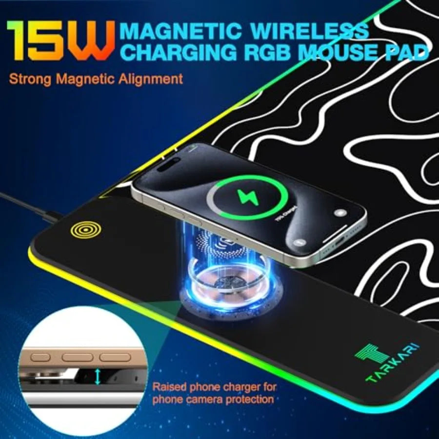 Magnetic Wireless Charging RGB Mouse Pad, Large Gaming Desk Mat Waterproof, 31.5"x11.8" Mousepad, Ultra-Smooth Surface, Non-Sli