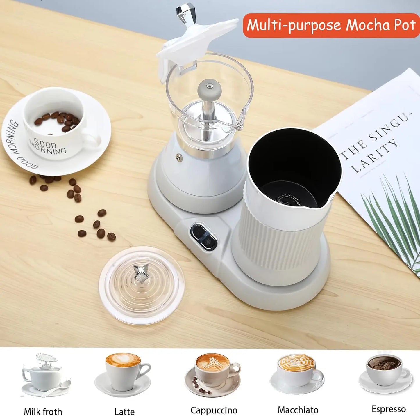 2-in-1 Espresso Maker & Milk Frother, Electric Moka Pot, One-Touch Operation, Fine Dense Froth, 110V