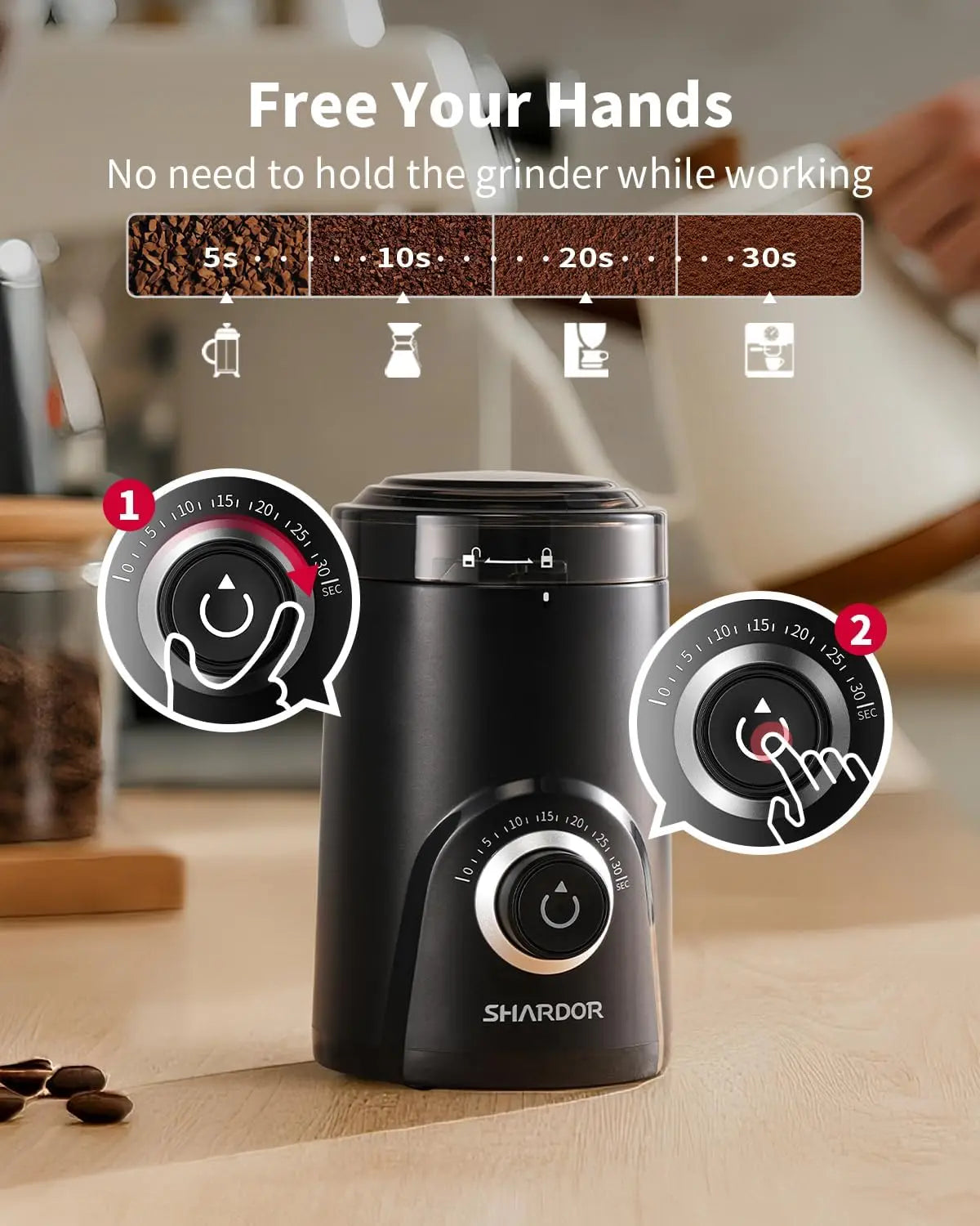 XMSJ Electric Super Silent Blade Coffee Grinder Timed Grind Control