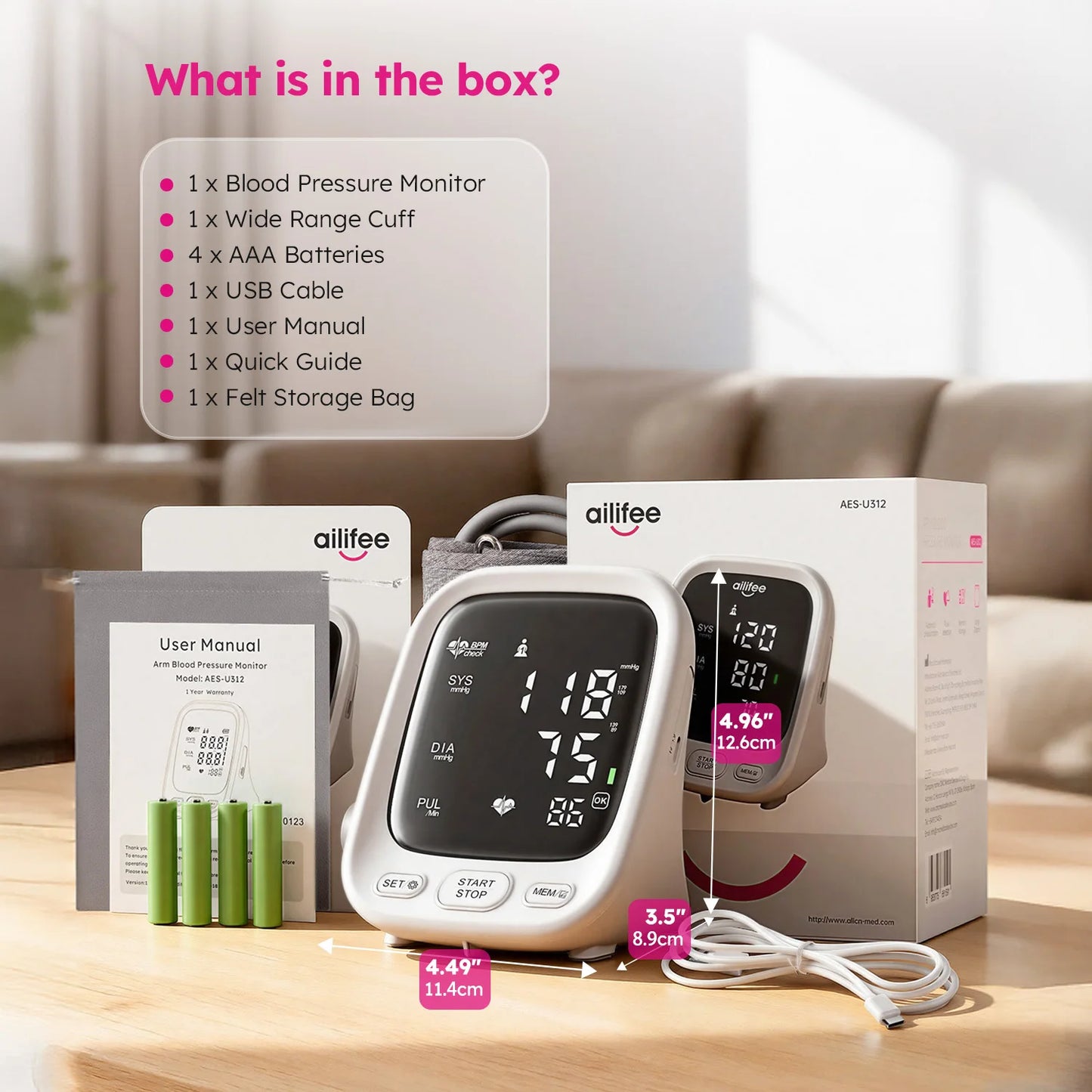 AILIFEE Upper Arm Blood Pressure Monitors for Home Use with Clear LED Backlit Display, Adjustable Bp Cuff, Dual-User Mode & Voice Announcement, AES-U312