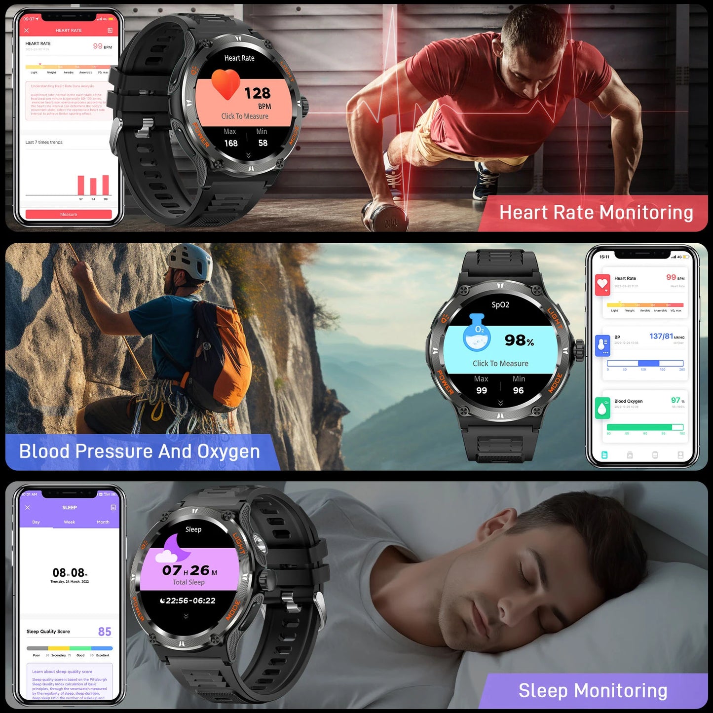 LaNikar Smart Watch 3ATM Waterproof 1.53" New KT76 Men Sport With Compass And LED Flashlight Heart Rate Sleep Analysis Bluetooth