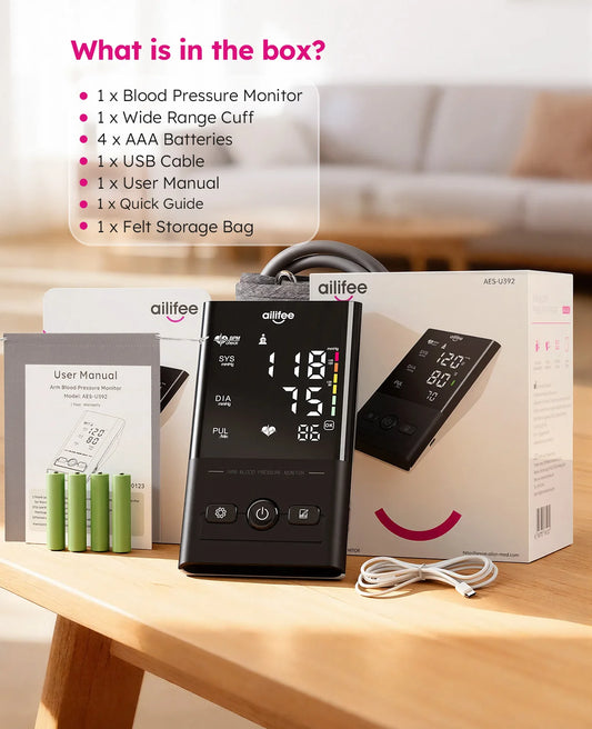 AILIFEE Upper Arm Blood Pressure Monitors for Home Use with Clear LED Backlit Display, Adjustable BP Cuff, Dual-User Mode & Voice Announcement, AES-U392