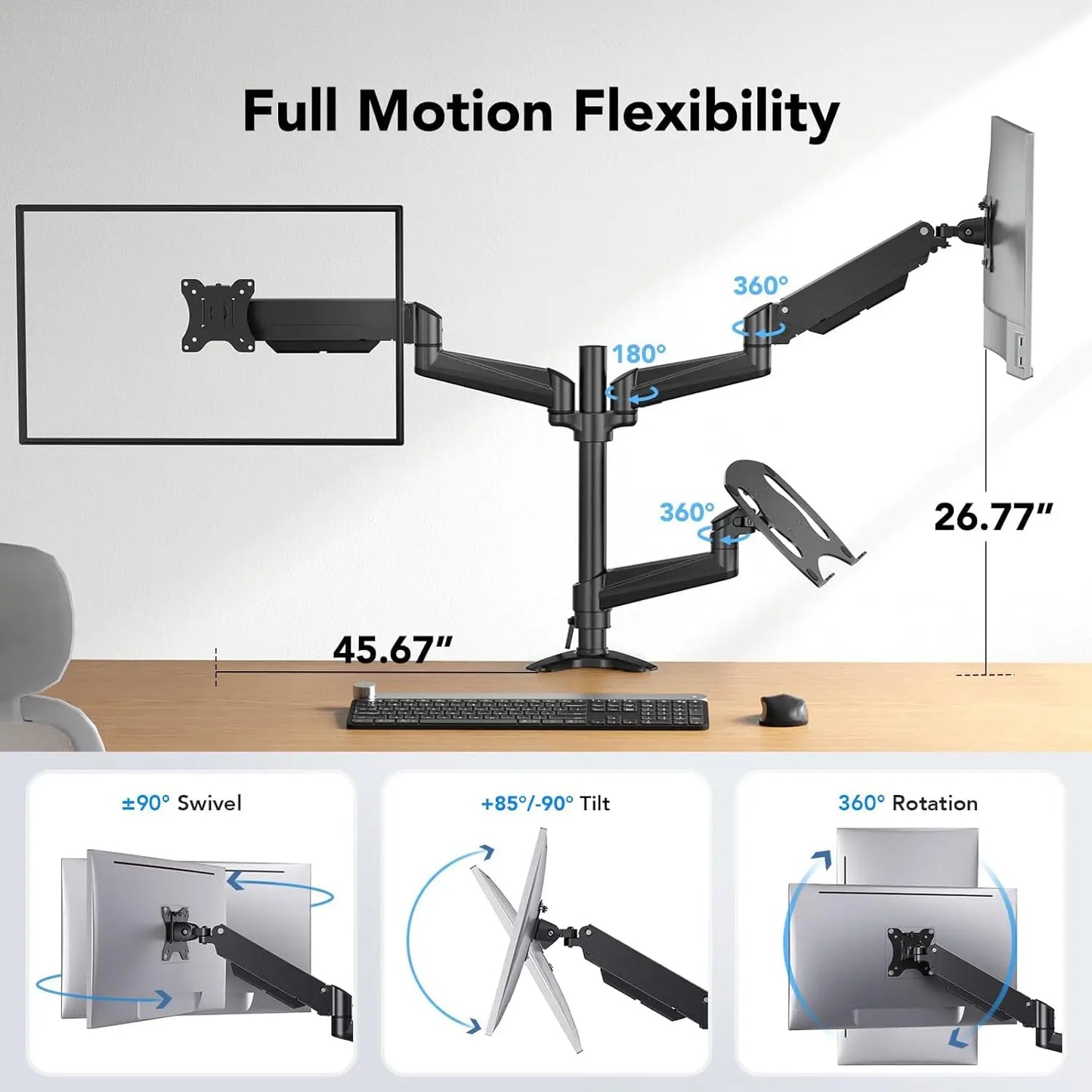 Dual Monitor and Laptop Mount for 32" Screens, Adjustable Arm with Tilt Swivel Rotation, VESA 75/100mm
