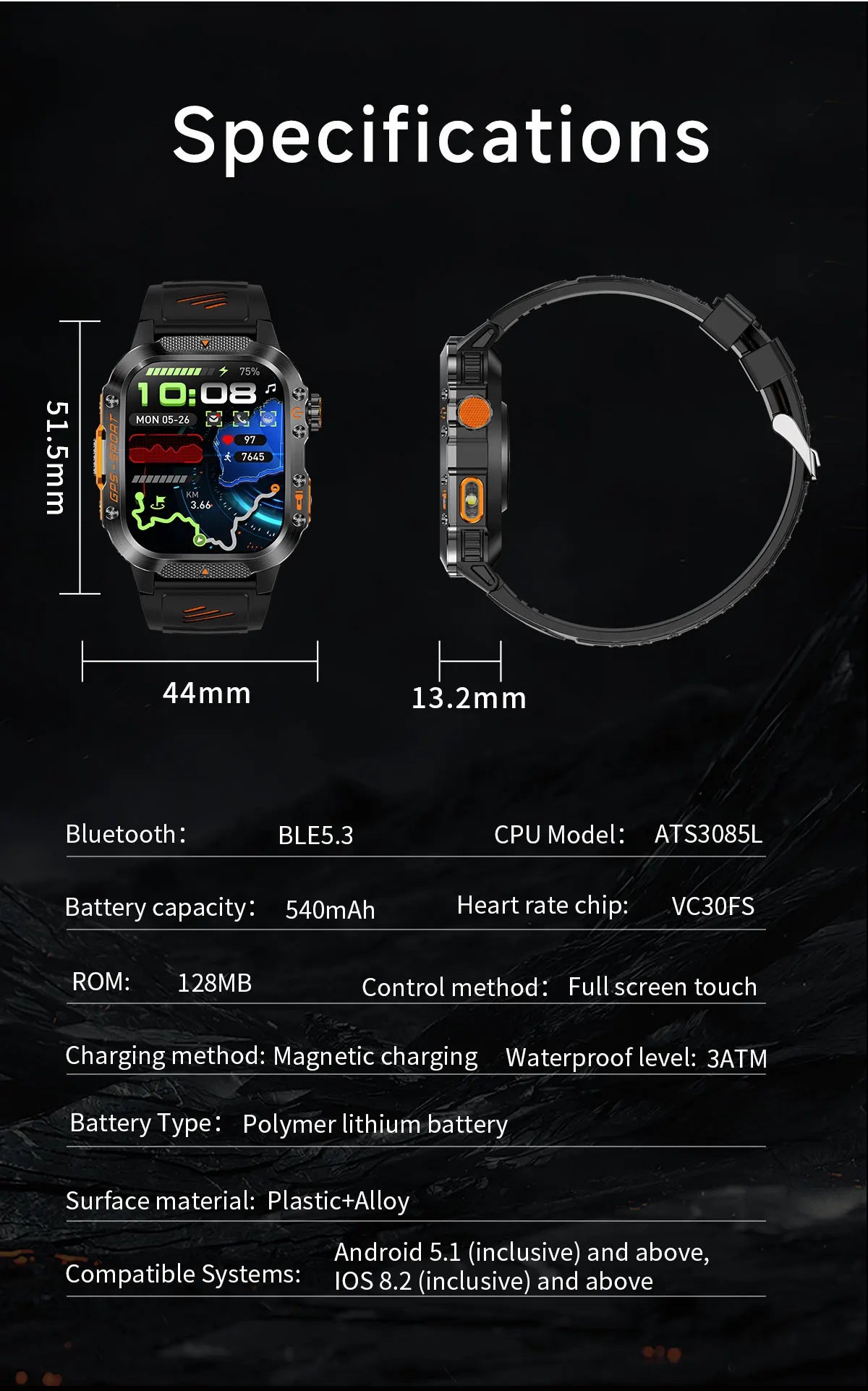 Military GPS Smartwatch With Compass 3ATM Waterproof For Men Women