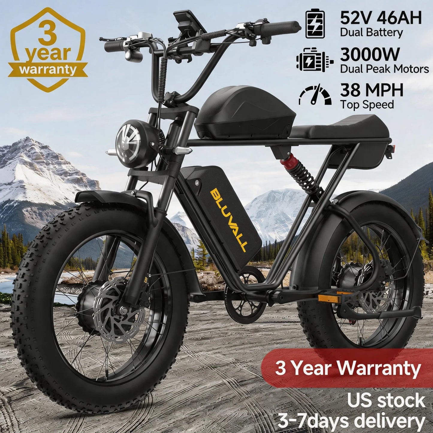 Dual-Motor Electric Bicycle for Adults 52V 46AH 20-Inch Fat Tire 3000W Peak 38MPH 160Miles 7-Speed Commuter Road Electric Bike