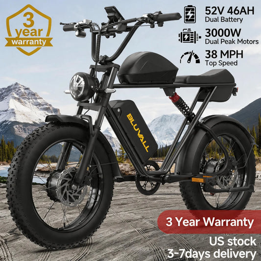 Dual-Motor Electric Bicycle for Adults 52V 46AH 20-Inch Fat Tire 3000W Peak 38MPH 160Miles 7-Speed Commuter Road Electric Bike