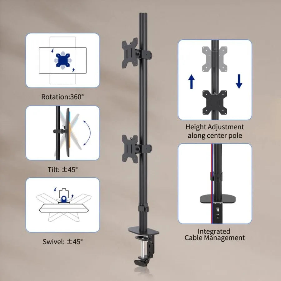 Vertically Stacked Dual Monitor Desk Mount Stand, Extra 3 Inch Stand, Fully Adjustable arm for 3-3 Inch LCD Screen Holds up to