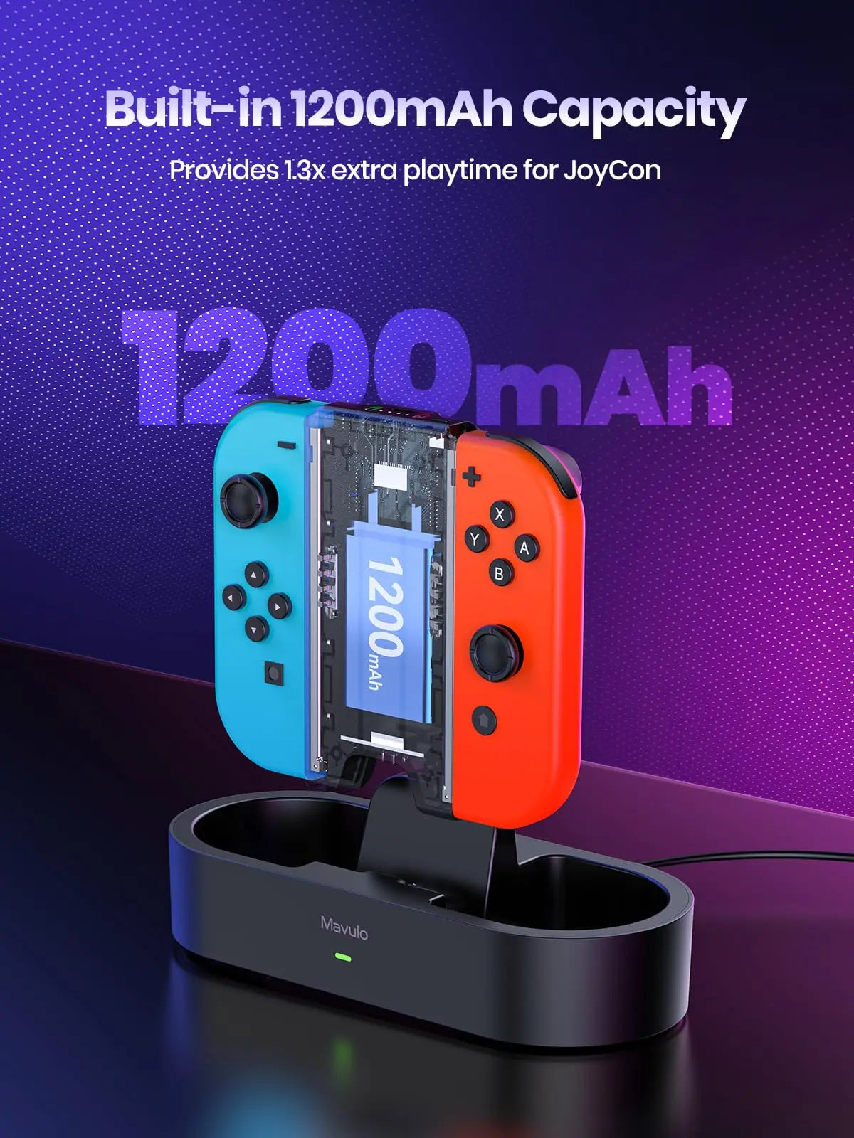 Charger Grip for Joy Con with 1200mAh Battery – Steel Slide Rails, Cable-Free Charging Dock for Nintendo Switch Controllers