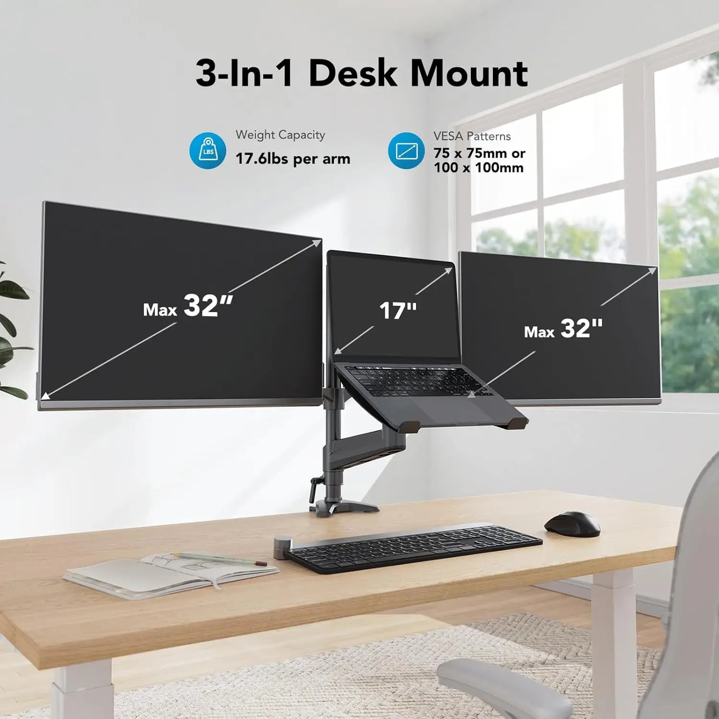 Dual Monitor and Laptop Mount for 32" Screens, Adjustable Arm with Tilt Swivel Rotation, VESA 75/100mm