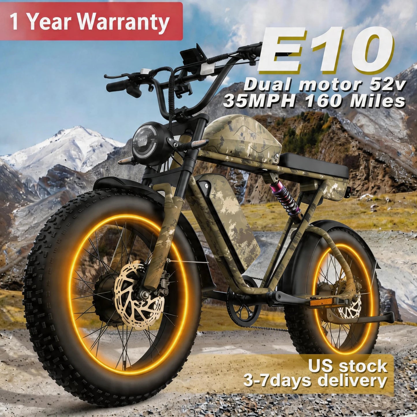 Dual-Motor Electric Bicycle for Adults 52V 46AH 20-Inch Fat Tire 3000W Peak 38MPH 160Miles 7-Speed Commuter Road Electric Bike