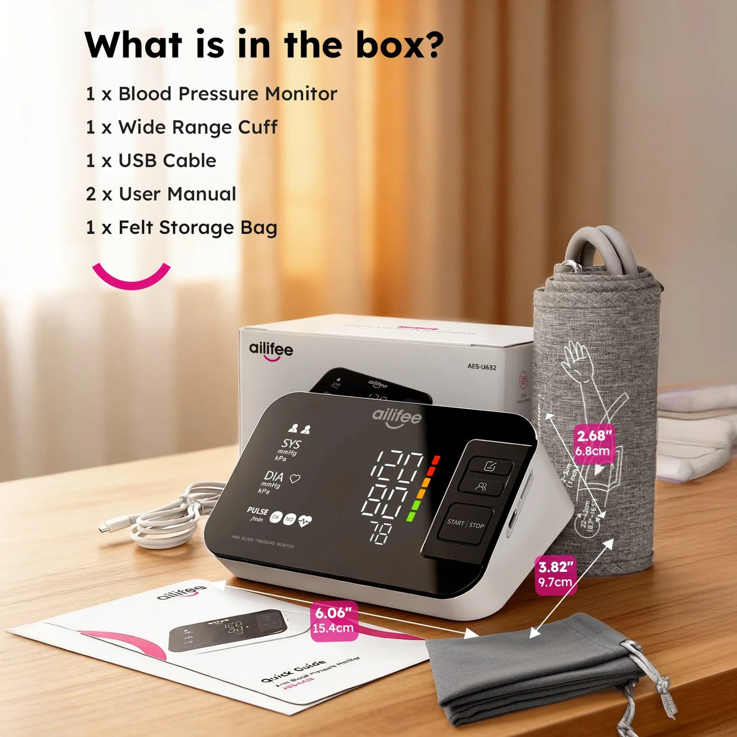 AILIFEE Upper Arm Blood Pressure Monitors for Home Use, Blood Pressure Cuff arm, Large Backlit LED Display, Voice Broadcast, 2x90 Memory, AES-U632