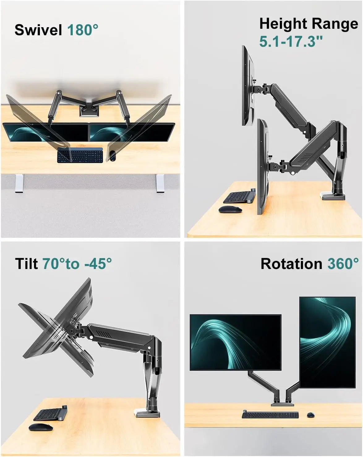 Dual Monitor Arm Desk Mount for 13-32" Screens, Holds 4.4-22lbs, VESA 75/100, Adjustable Double Stand with Clamp/Grommet Base, Black